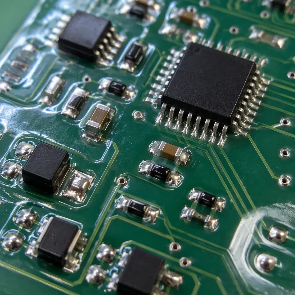 Macro photograph of conformal coating over a populated printed circuit board showing even coverage across component shoulders