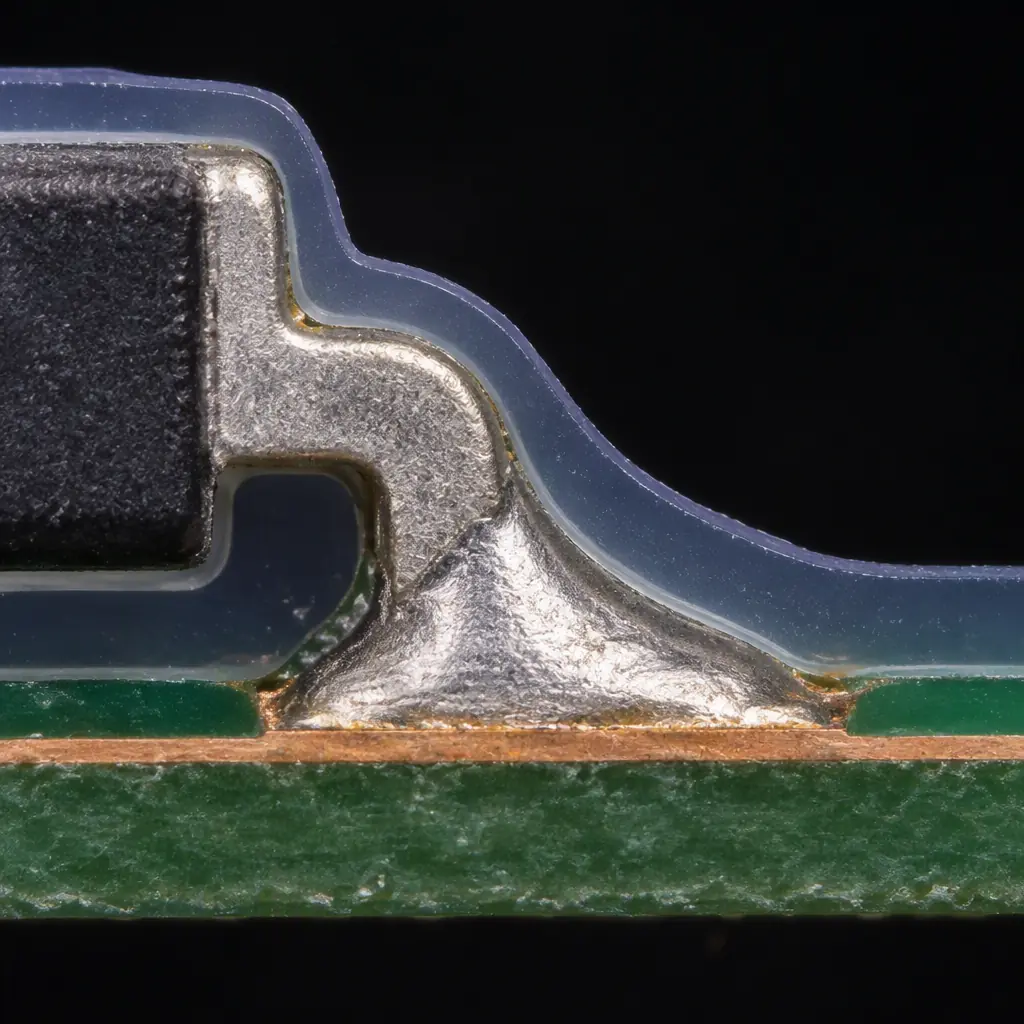Photomicrograph of a conformal coating cross-section showing film thickness over a solder joint and component lead