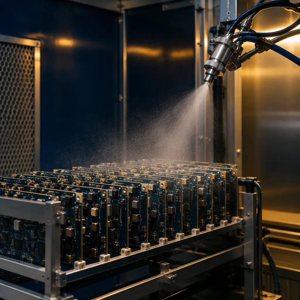 Conformal coating spray booth applying an even film to a rack of populated circuit boards