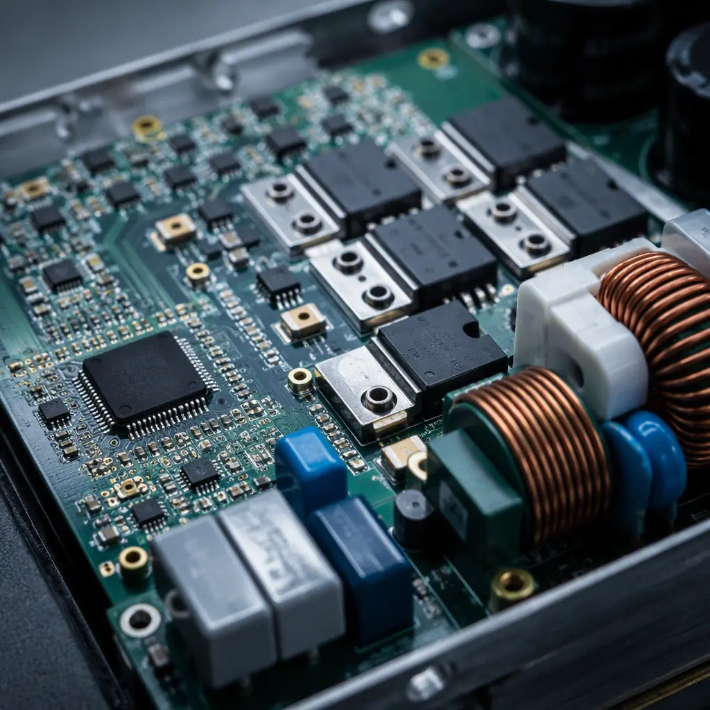 Macro photograph of a refrigeration inverter power stage showing gate driver, IGBT bridge and motor current sense on a PCB