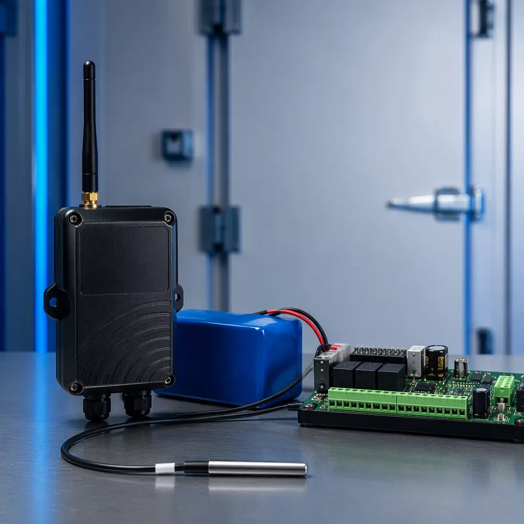 Cold-chain telematics logger with a cellular LTE-M module, backup battery and temperature probe connected to a refrigeration controller