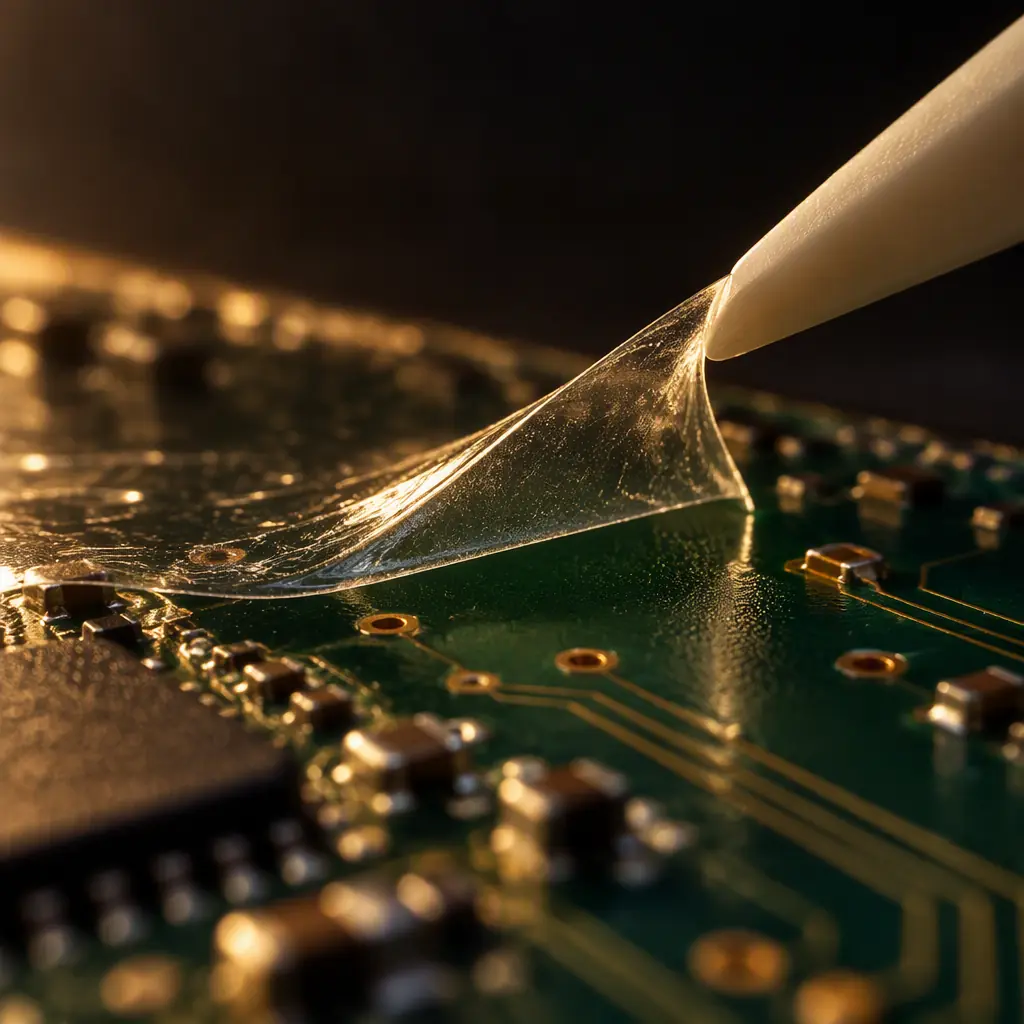 Macro photo of a conformal coating removal in progress on a PCB, showing a coated circuit board under UV inspection light with blue-white fluorescent tracer glow