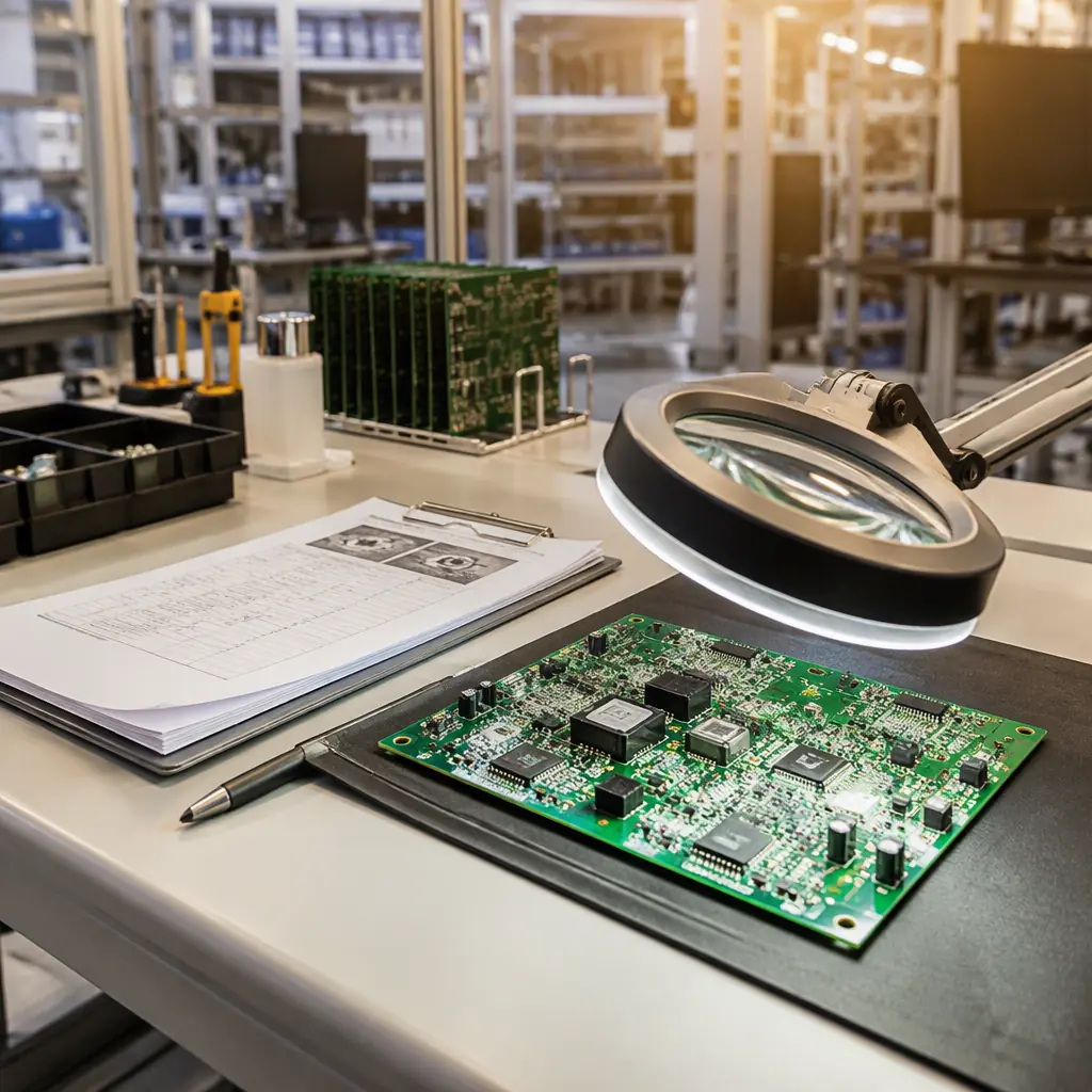 Photorealistic photograph of a quality engineer reviewing process documentation and a printed circuit board at a workstation in an electronics assembly factory