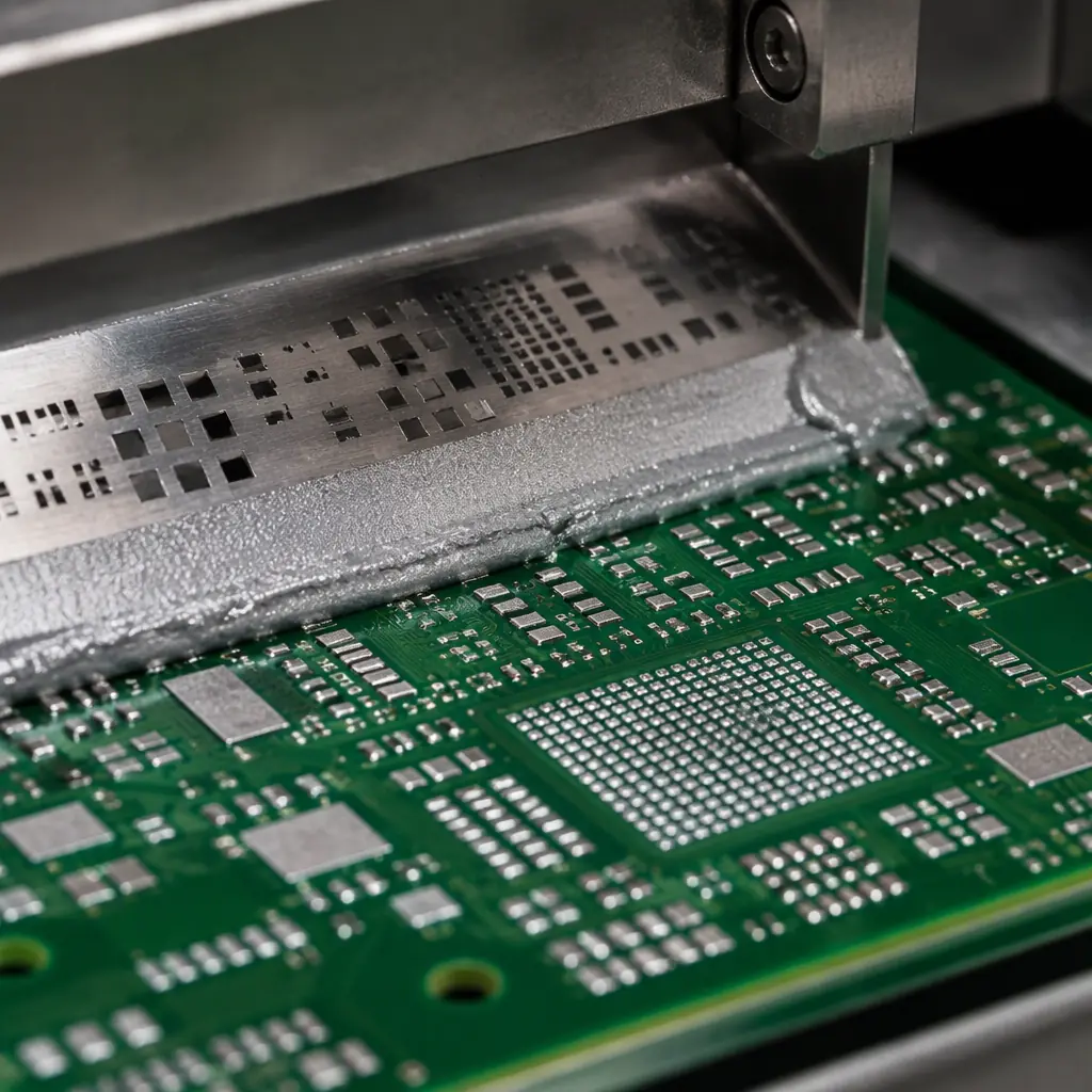 Photorealistic macro photograph of a stencil printing solder paste onto a printed circuit board with precise paste deposits visible under inspection lighting