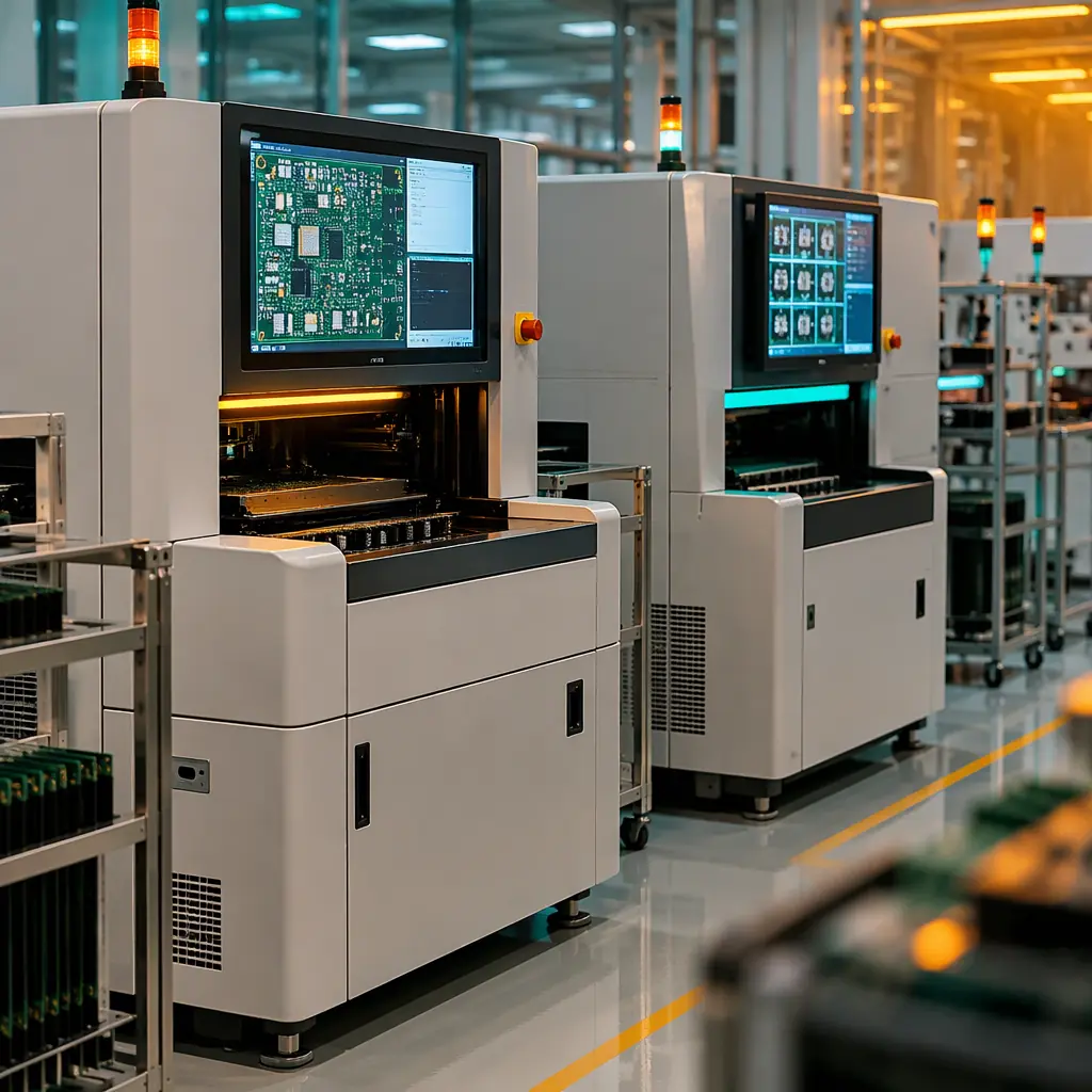 Photorealistic photograph of an automated optical inspection system and a solder paste inspection unit on an SMT production line in an electronics factory