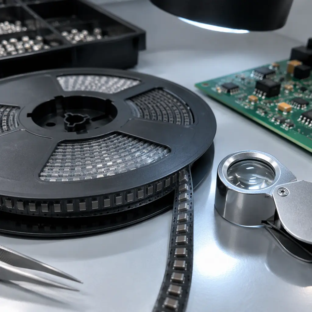 Photorealistic macro photograph of a reel of surface-mount electronic components under inspection lighting with a magnifier and a printed circuit board nearby in a factory quality lab