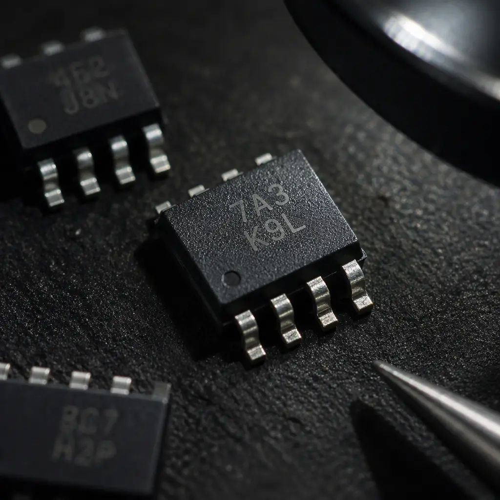 Photorealistic close-up of an x-ray inspection image style view of electronic components and a component reel on a dark inspection bench in an electronics quality laboratory