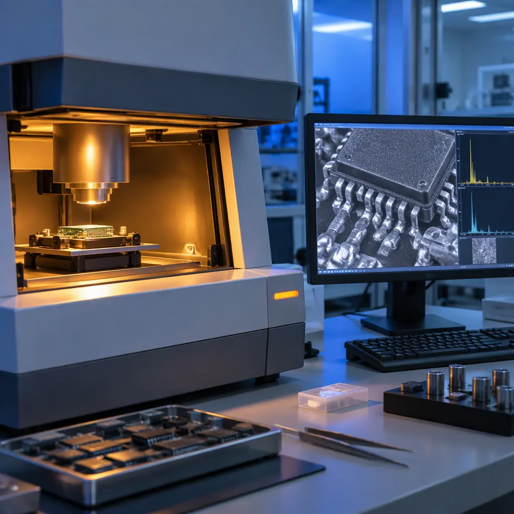 Photorealistic photograph of a laboratory bench with an X-ray fluorescence spectrometer and a magnified view of an electronic component being analysed in an industrial quality laboratory