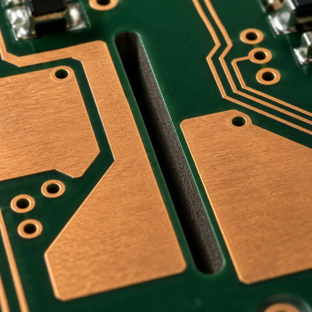 Studio macro photograph of a high-voltage PCB section showing wide copper pours and a slot milled through the board isolating a high-voltage region from a low-voltage region, dark green soldermask under directional lighting