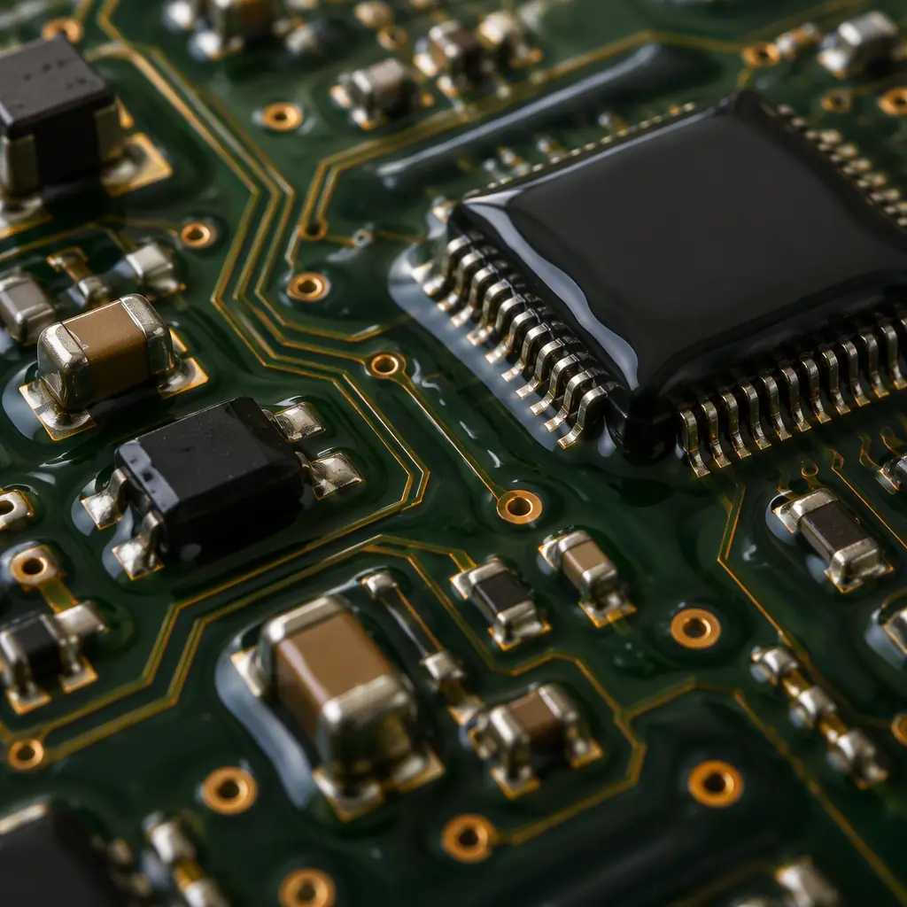 Close-up studio photograph of a conformal coated PCB showing the glossy protective film over traces and components, illustrating how coating seals a surface against contamination