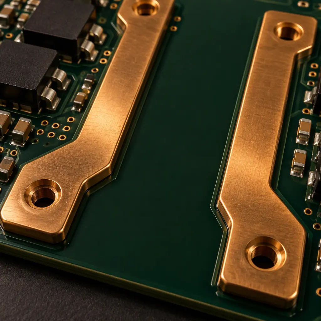Studio macro photograph of a high-voltage PCB showing two thick copper boss bars separated by a wide uninterrupted gap of dark soldermask on a power board, with an isolation slot running between the high and low voltage regions