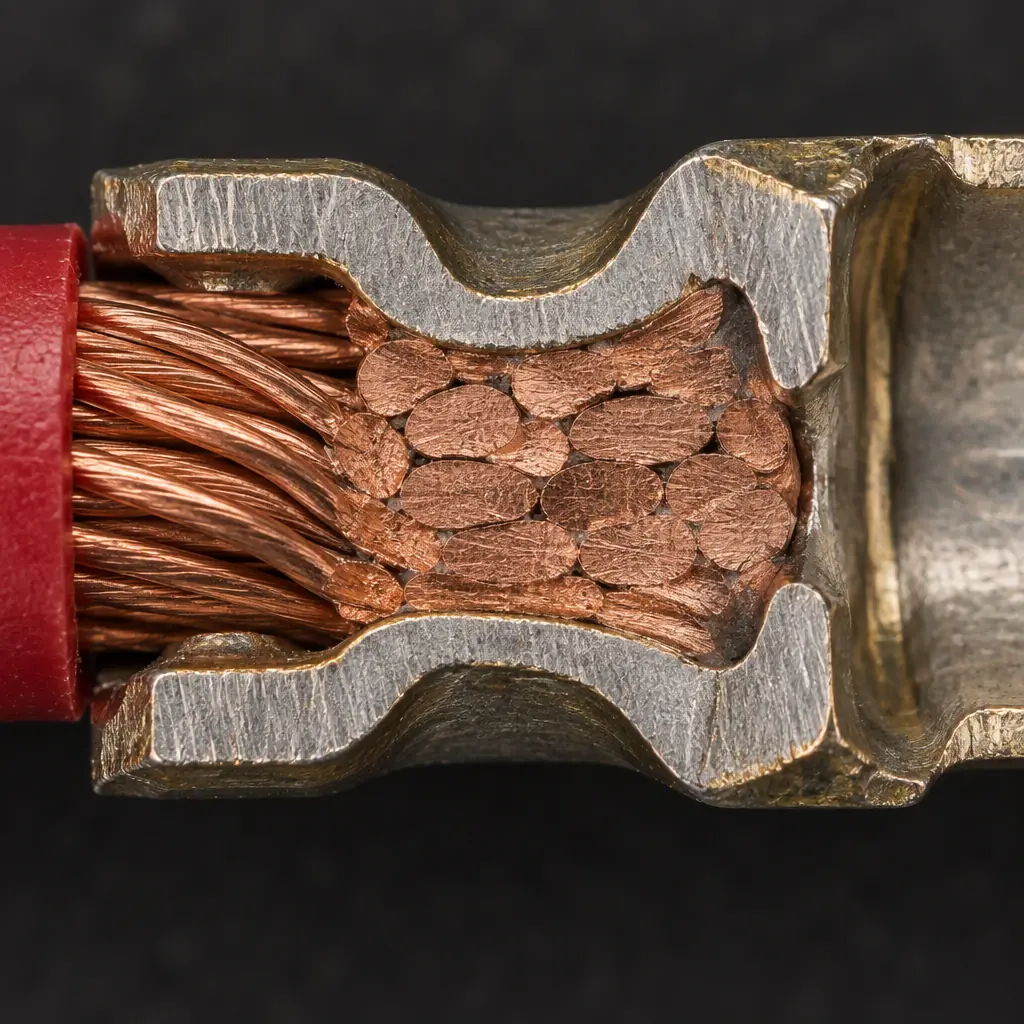 Photorealistic macro photograph of a sectioned wire crimp showing compressed copper strands inside a metal terminal barrel