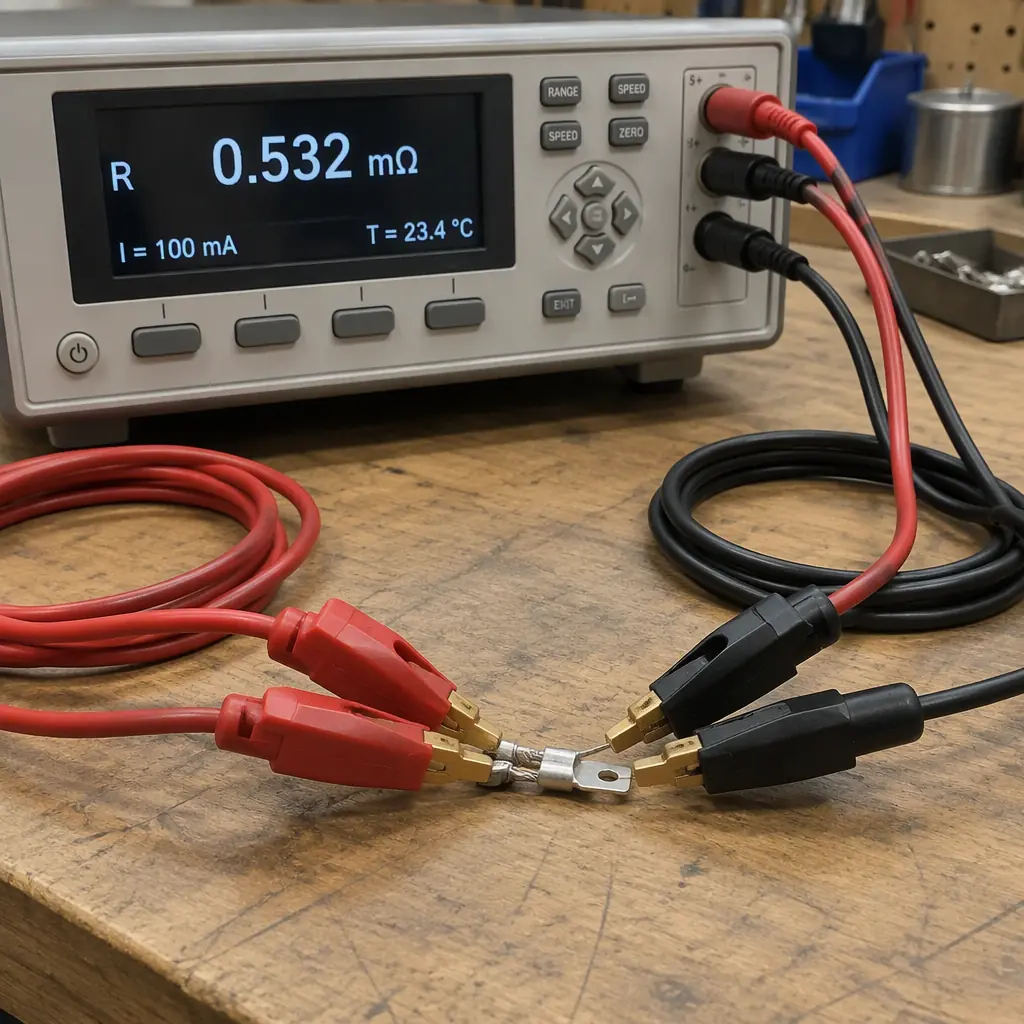 Photograph of a four-wire milliohm meter with kelvin clips attached to a crimped terminal on a workbench