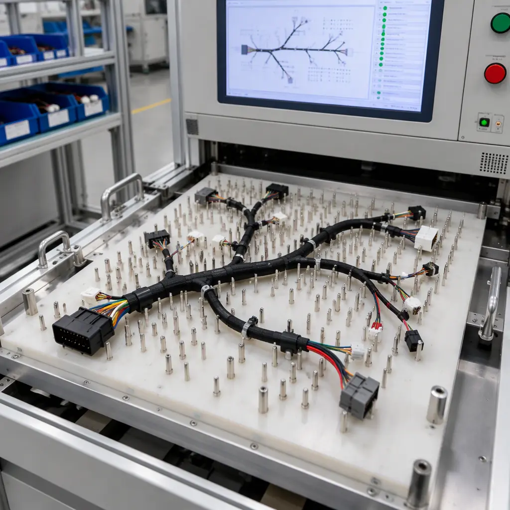 Photograph of an automated cable harness continuity tester with a bed-of-nails fixture holding a multi-branch wire harness