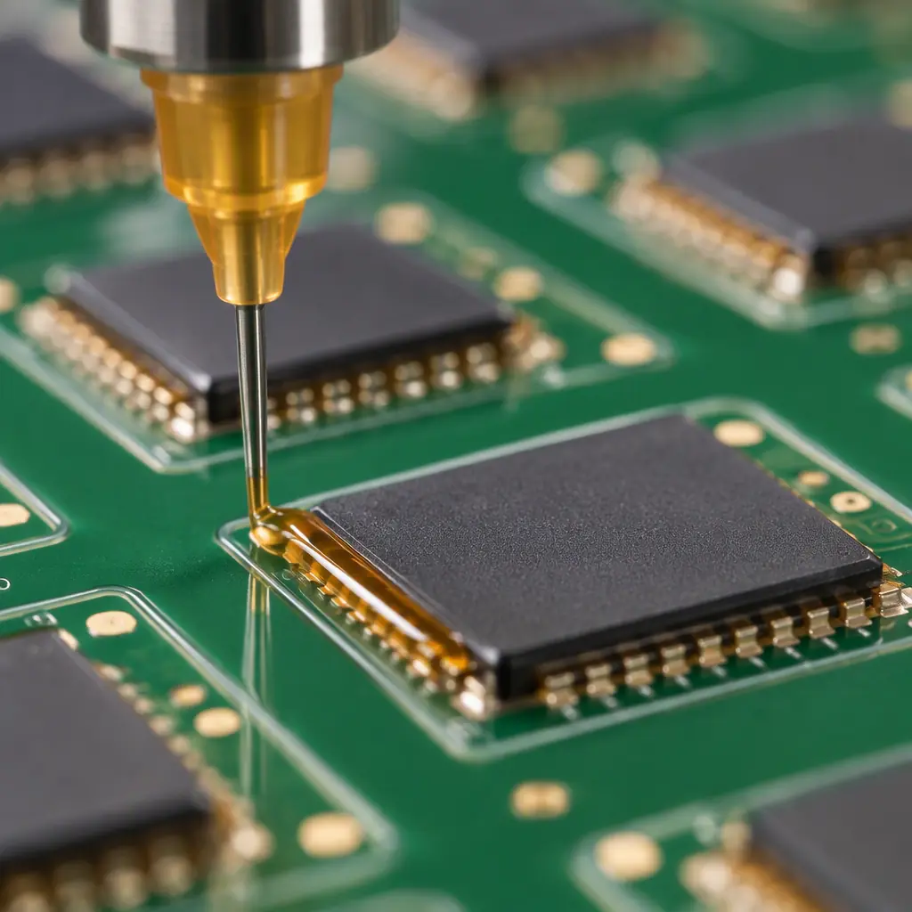 Close-up of underfill dispense needle applying epoxy along the edge of a chip-scale package on an assembly line