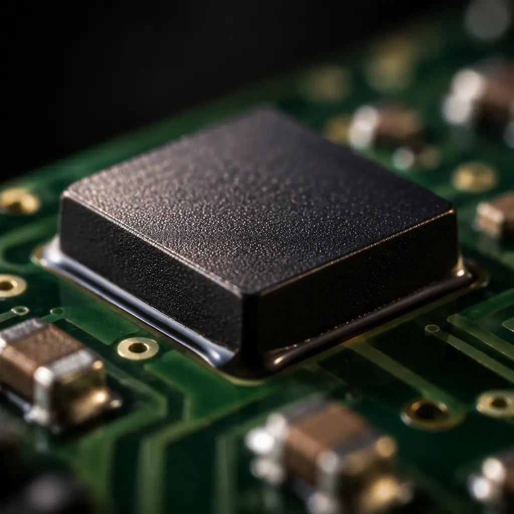 Macro view of a chip-scale package on a printed circuit board with underfill fillet visible along the package edge