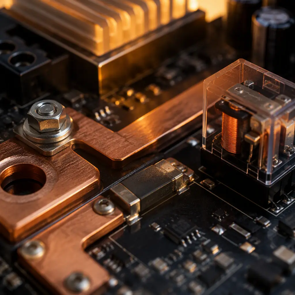 Macro photo of a rack PDU control board showing a heavy-current power path, metering shunt and relay on a dark PCB