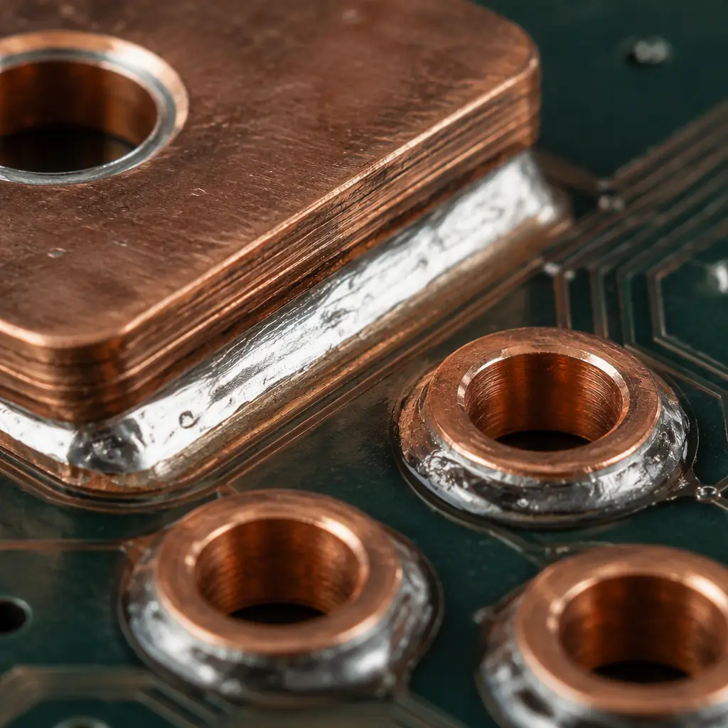 Close-up of a wide heavy-copper power trace and plated via on a PDU board showing thick copper laminations