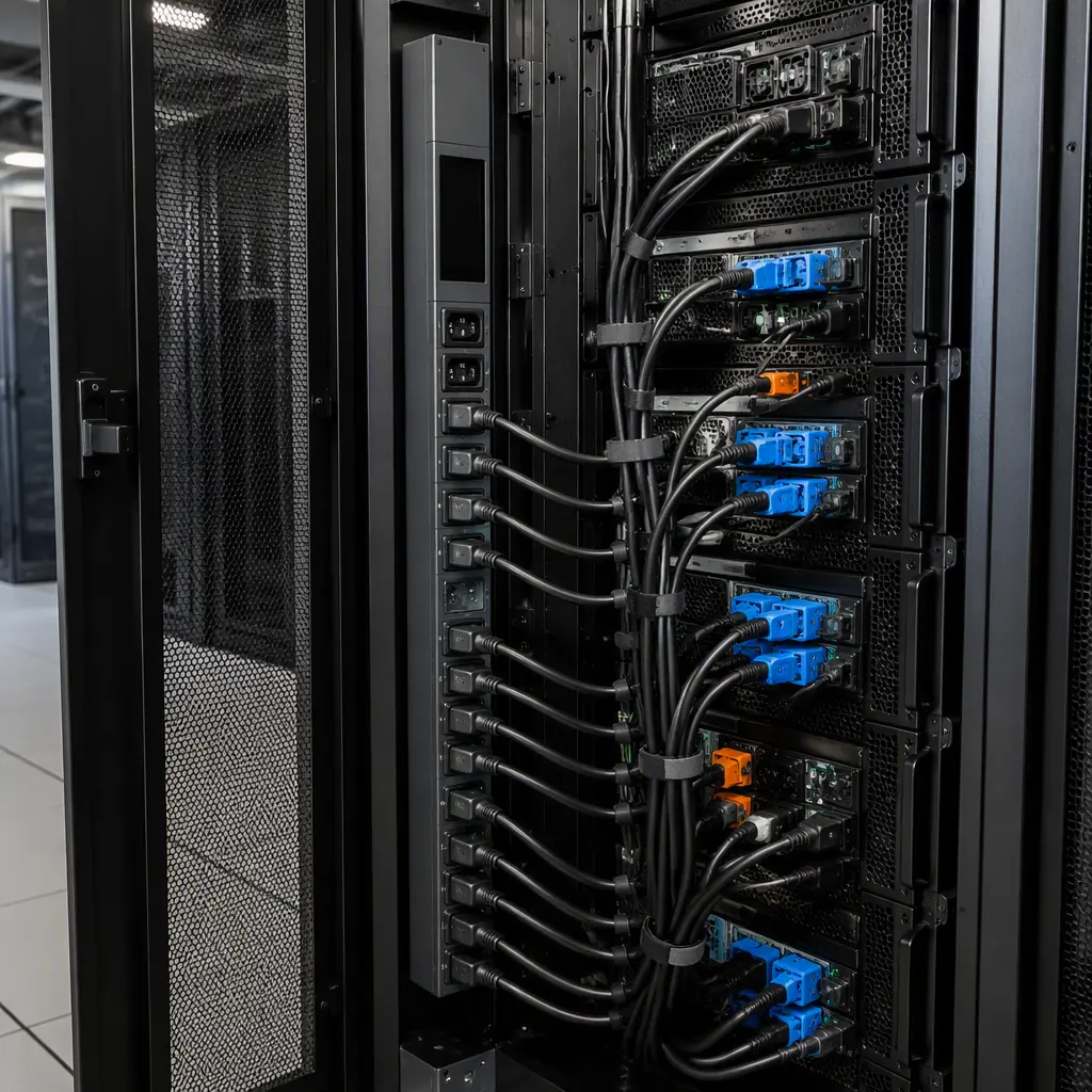 Photorealistic render of a data center rack with a high-density intelligent PDU unit mounted, power cables neatly routed