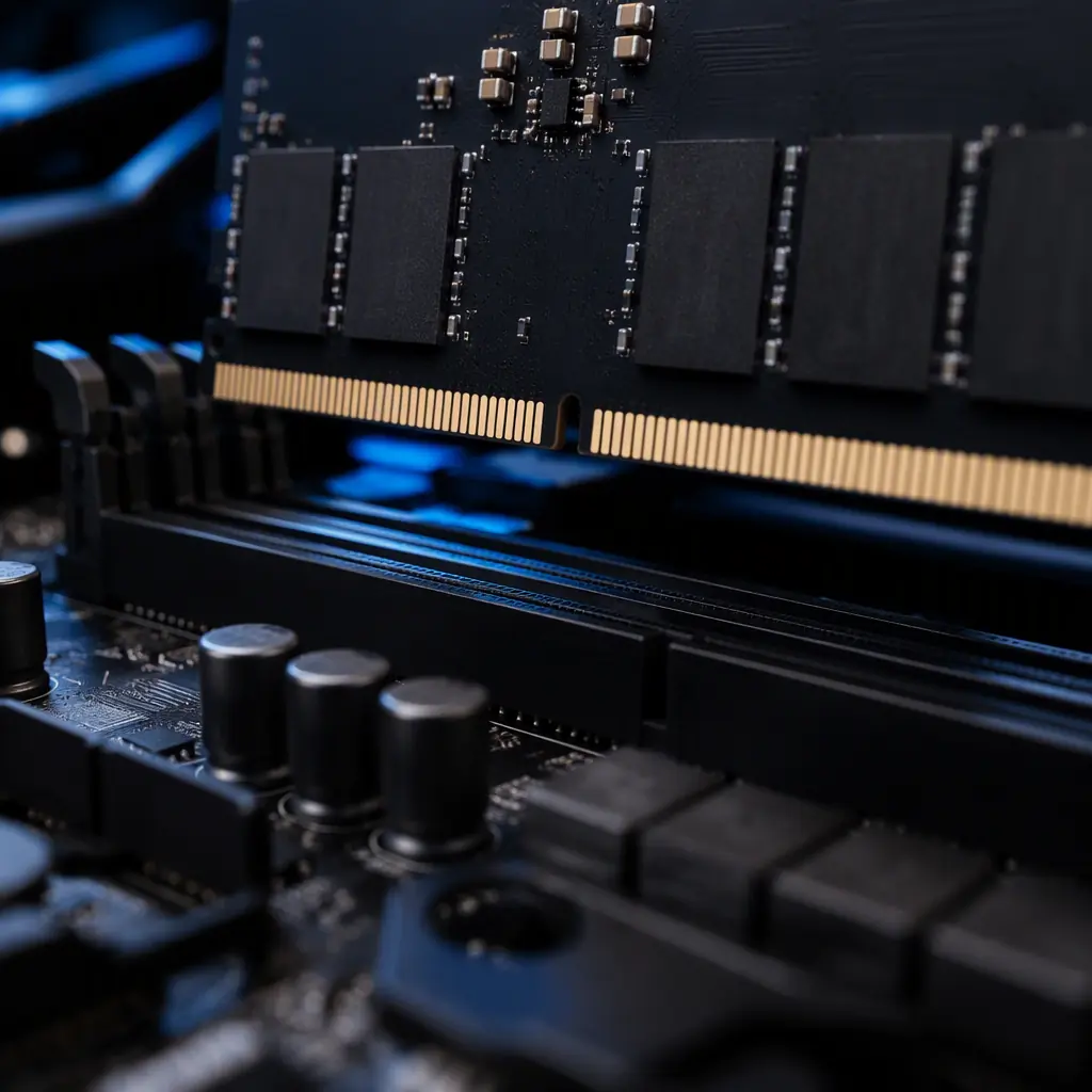 DDR5 memory module inserted into a motherboard DIMM slot with gold contacts in macro detail