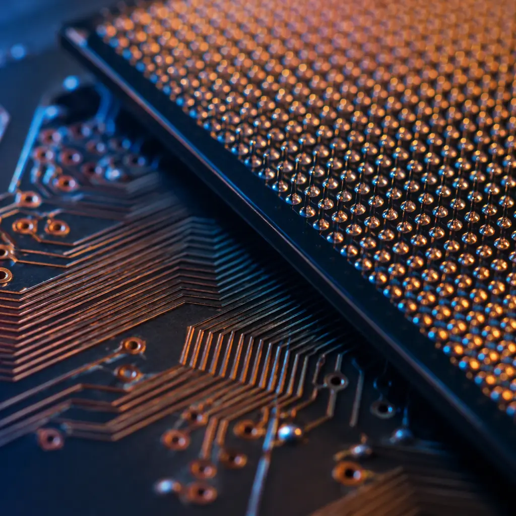 Extreme macro photograph of fine-pitch BGA solder balls and dense high-speed PCB traces