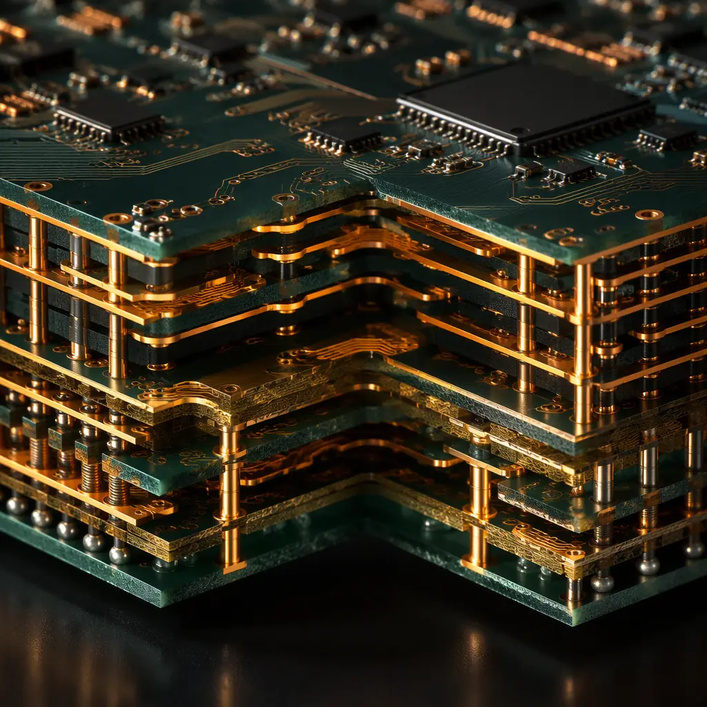 Photorealistic 3D cross-section of multilayer PCB showing routing planes and microvia layers