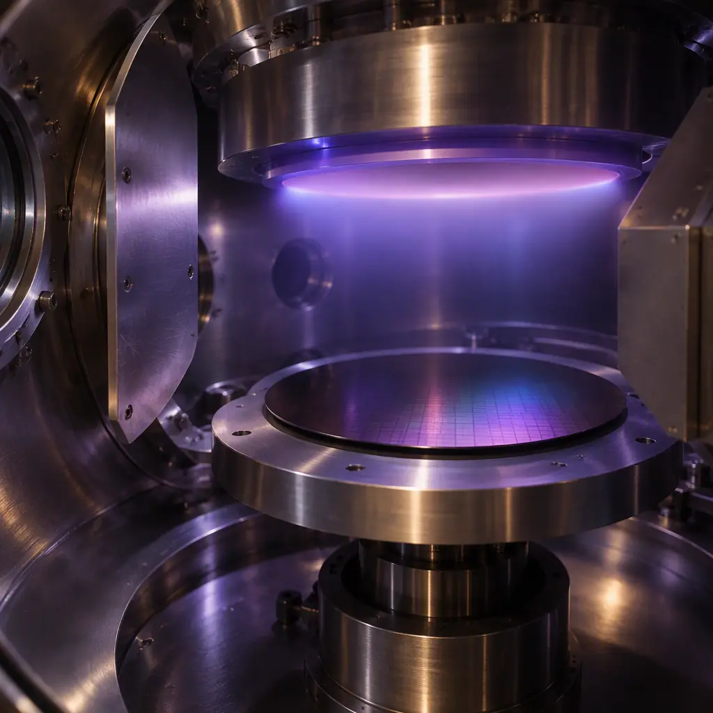 Photorealistic view of a thin-film deposition chamber interior with wafer stage and metallic shielding