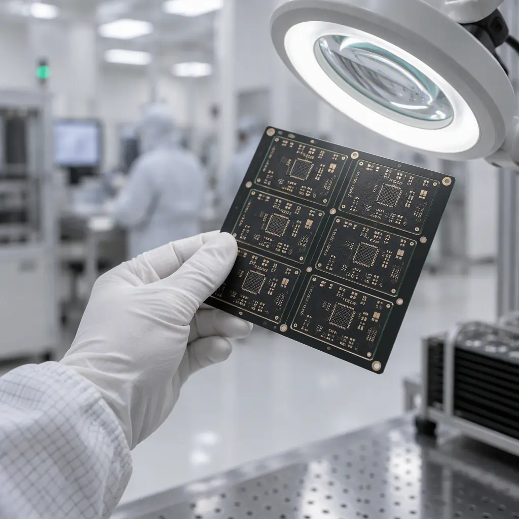 Engineer in cleanroom garments inspecting a multi-layer PCB panel under magnification lighting