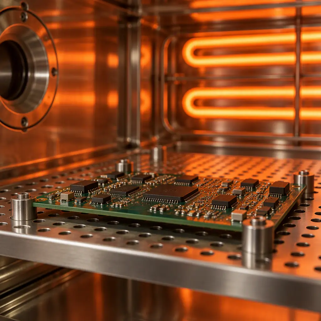 Macro photograph of a baked PCB assembly on a vacuum chamber rack with heating coils glowing