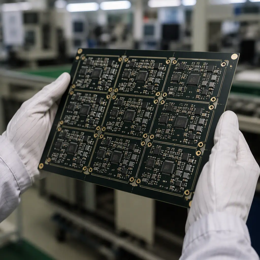 PCB panel with grid of boards, V-score outlines and fiducial marks