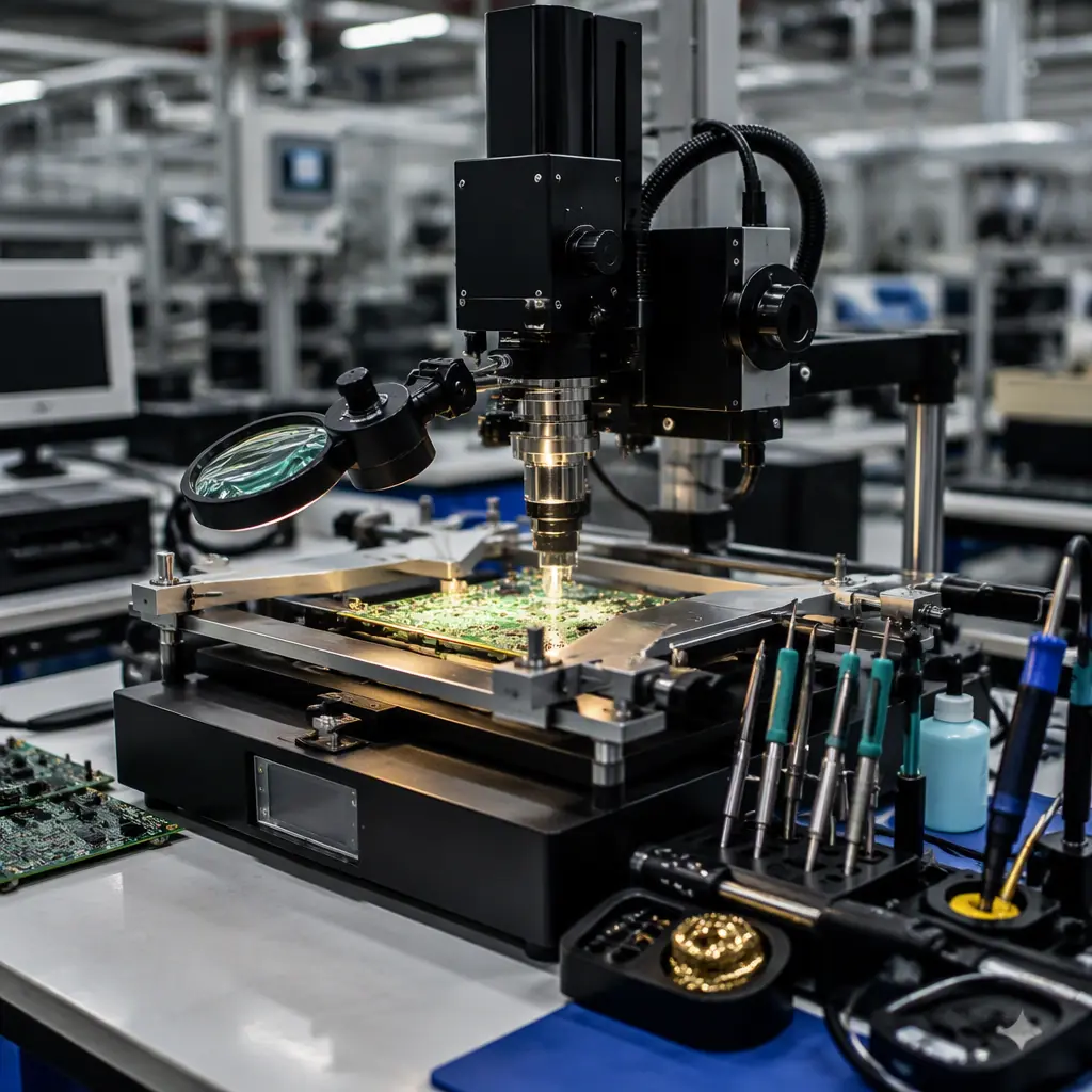 SMT rework station with hot air rework machine over a circuit board
