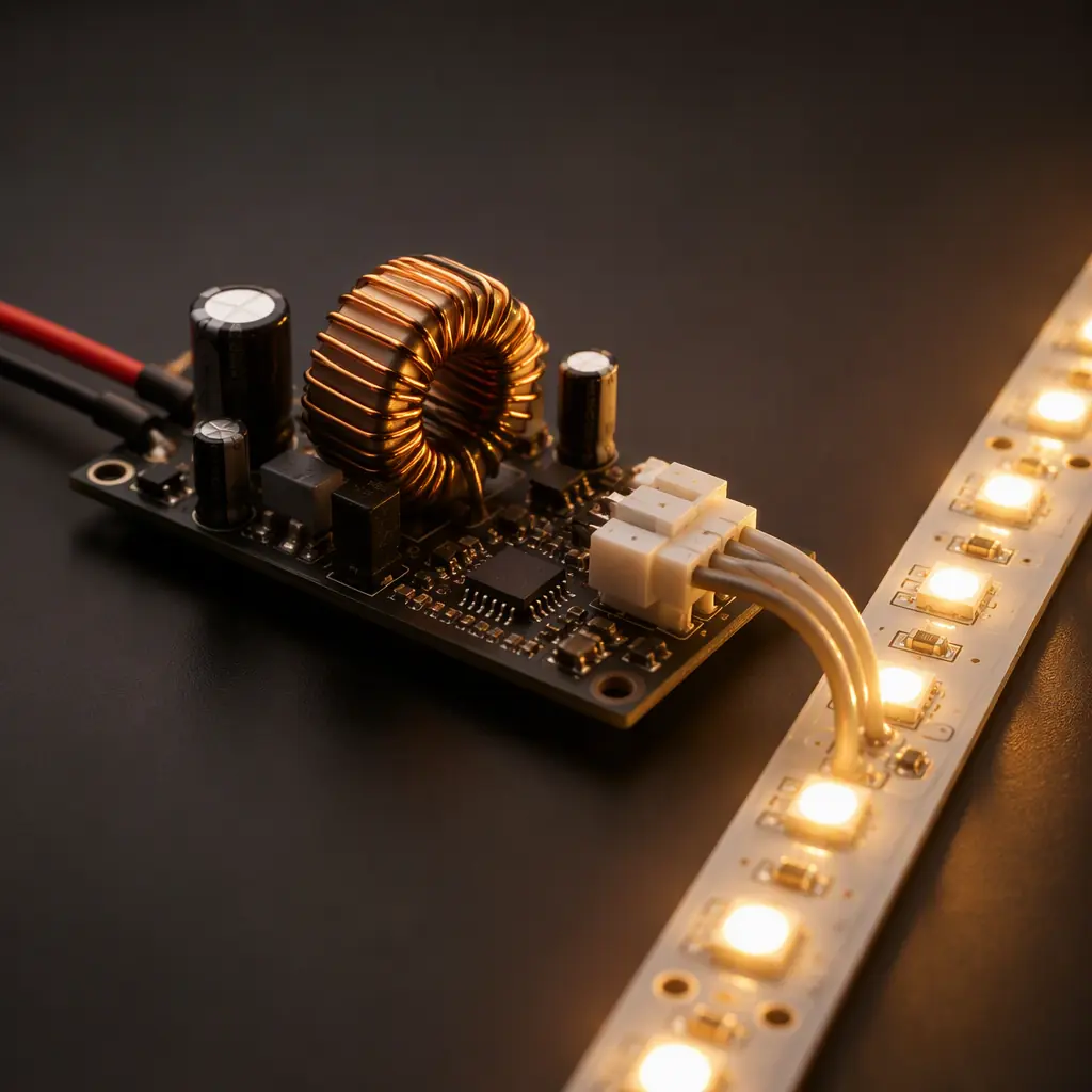 Backlight LED driver circuit with boost inductor and LED strip connector on a display driver PCB
