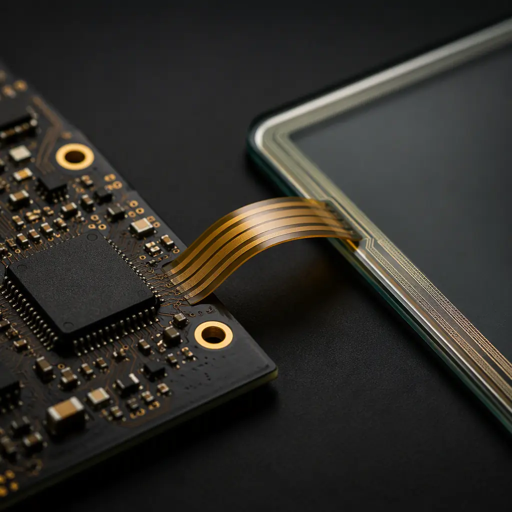 Capacitive touch controller chip on display driver board with flex cable connector to touch sensor