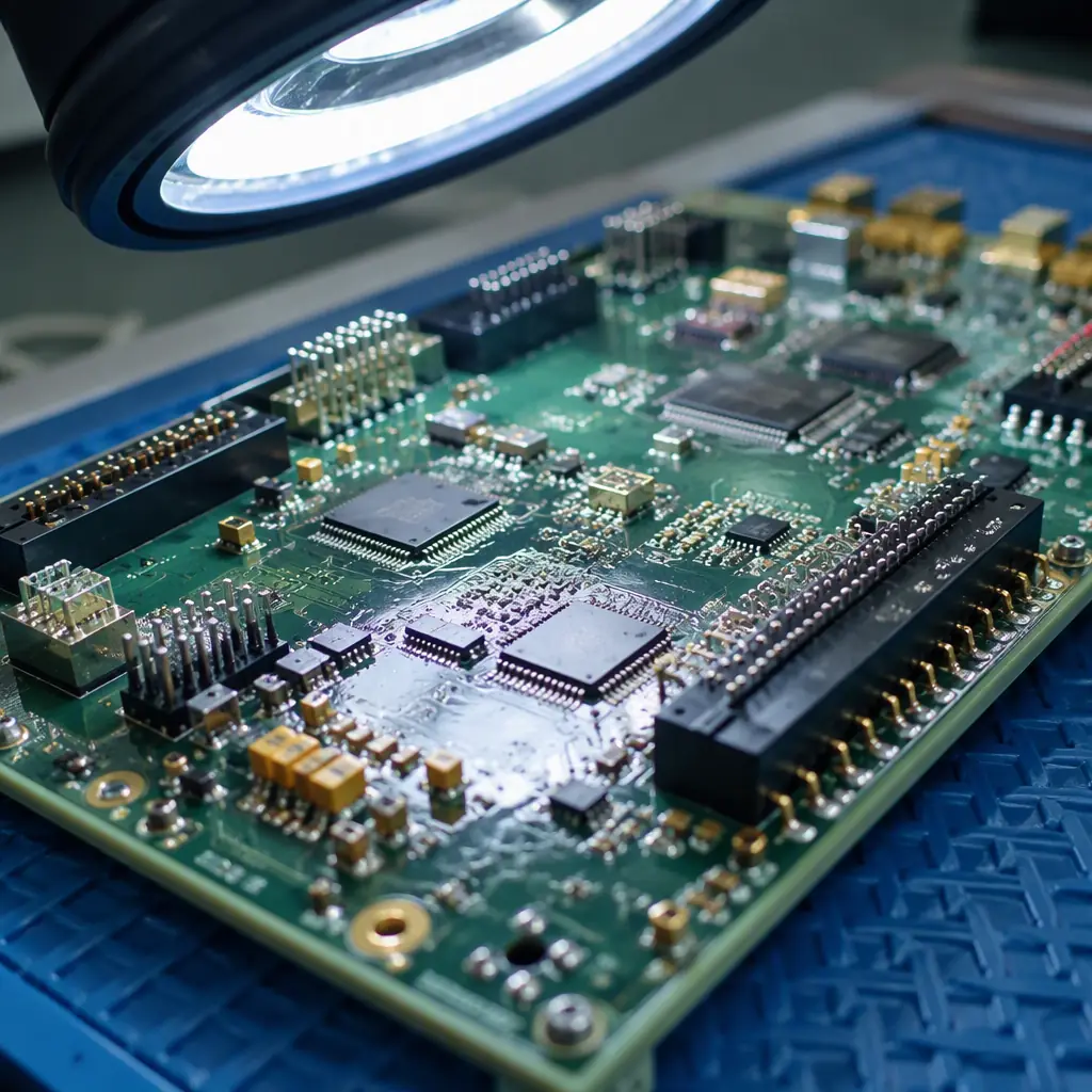 Macro photo of a dense Class 3 aerospace PCB with conformal coating and precision solder joints on an ESD mat under inspection lamp