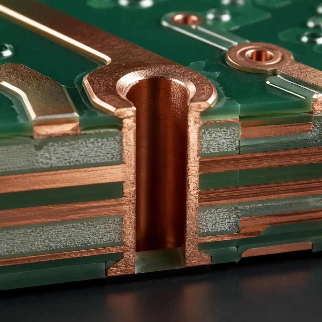 Photorealistic 3D cross-section render of a high-reliability PCB showing thick copper traces and through-hole vias under thermal and vibration stress