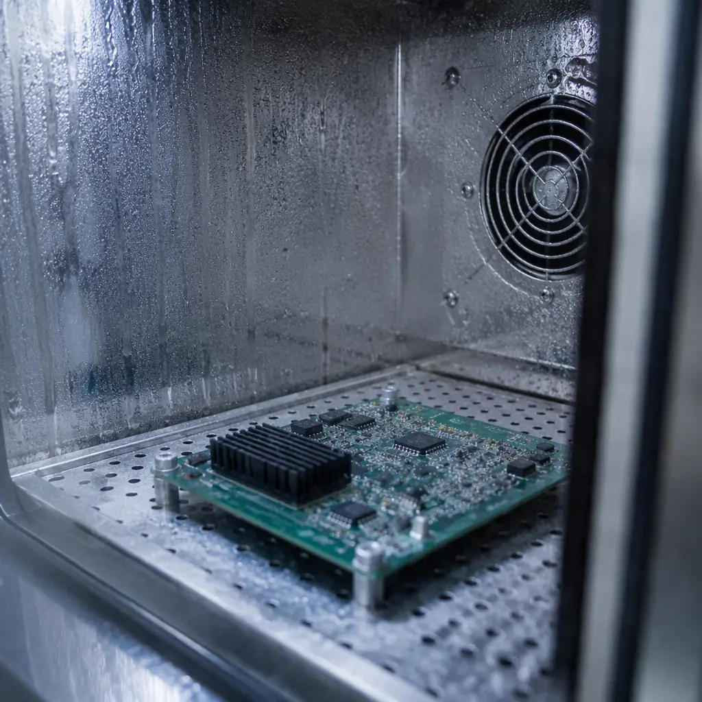 Photorealistic close-up of a PCB undergoing thermal cycling in a climate chamber, condensation and temperature stress context