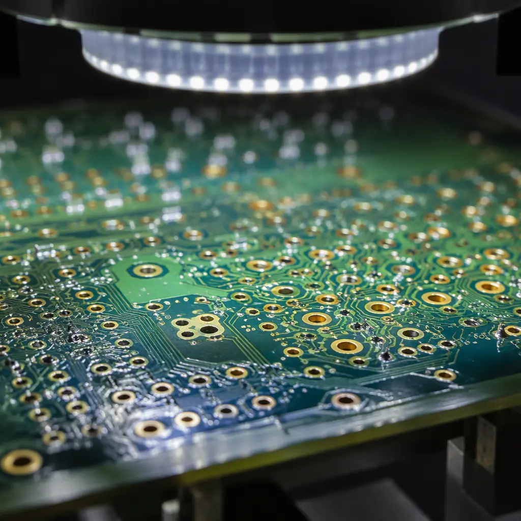Macro photo of a meticulous inspection of plated through-hole vias and solder joints on a high-reliability avionics board under AOI light