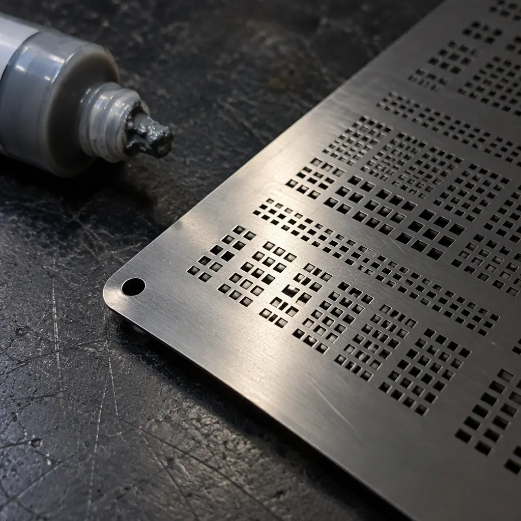 Stainless steel stencil sheet with fine rectangular apertures resting on a dark workshop bench beside a tube of solder paste under dramatic side lighting