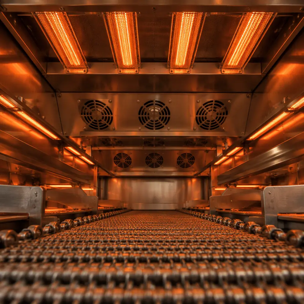 Photorealistic 3D render of a convection reflow oven interior chamber with rows of heating elements and a conveyor rail under warm infrared glow
