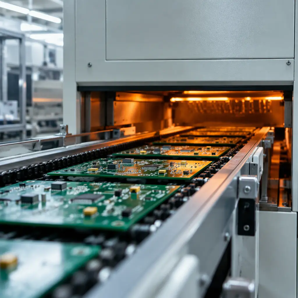 SMT production line conveyor carrying green PCBs into a reflow oven with warm amber interior glow in a clean factory