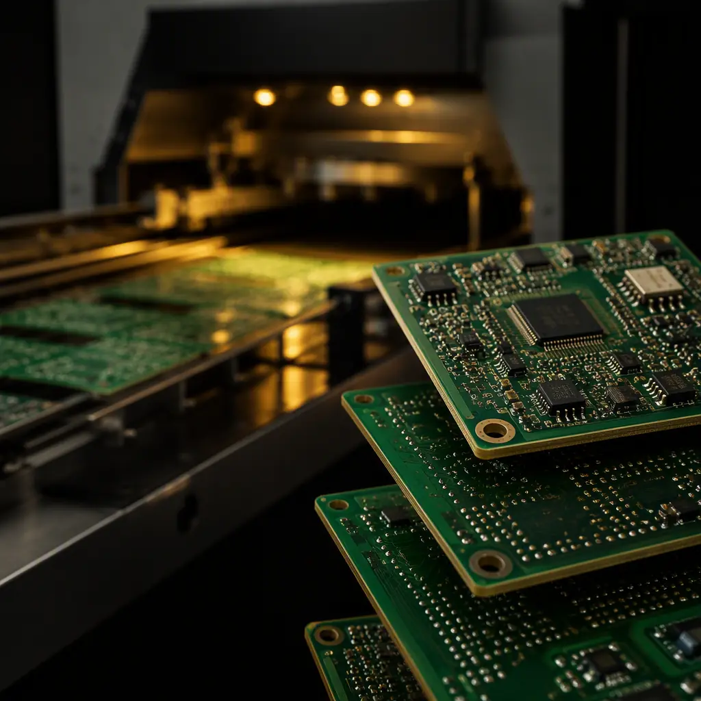 Photorealistic macro of a PCB assembly loaded with SMT components on both faces, shown at an angle with a reflow oven conveyor in the background