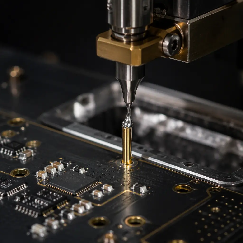Macro photo of a selective soldering iron / mini-wave depositing solder onto a single through-hole pin while an adjacent SMT footprint stays clean