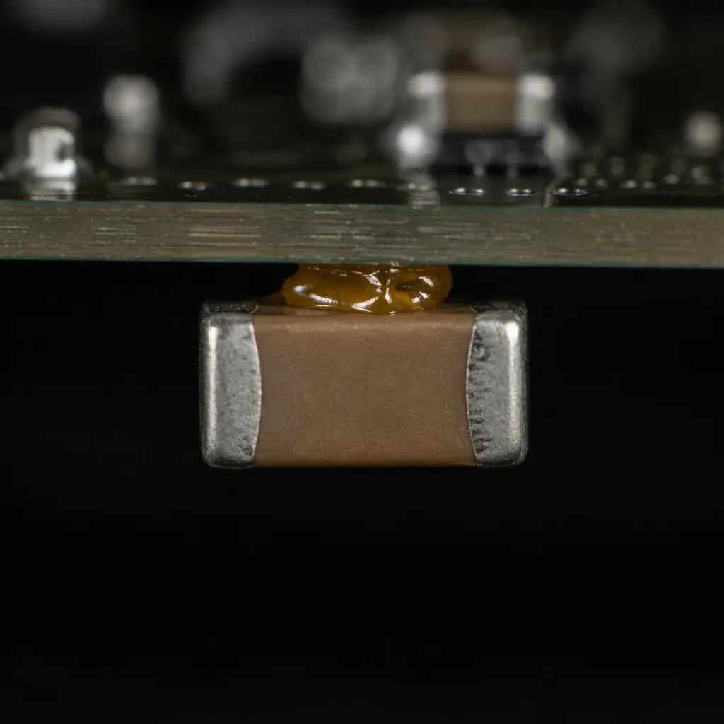 Photorealistic macro of small SMT components held under a board by a dot of surface-mount adhesive during double-sided reflow