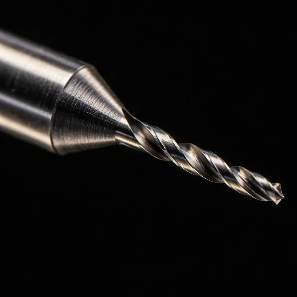 Macro photograph of a rack of solid carbide PCB drill bits of varying diameters standing upright, showing the fluted cutting edges and shanks under directional studio lighting