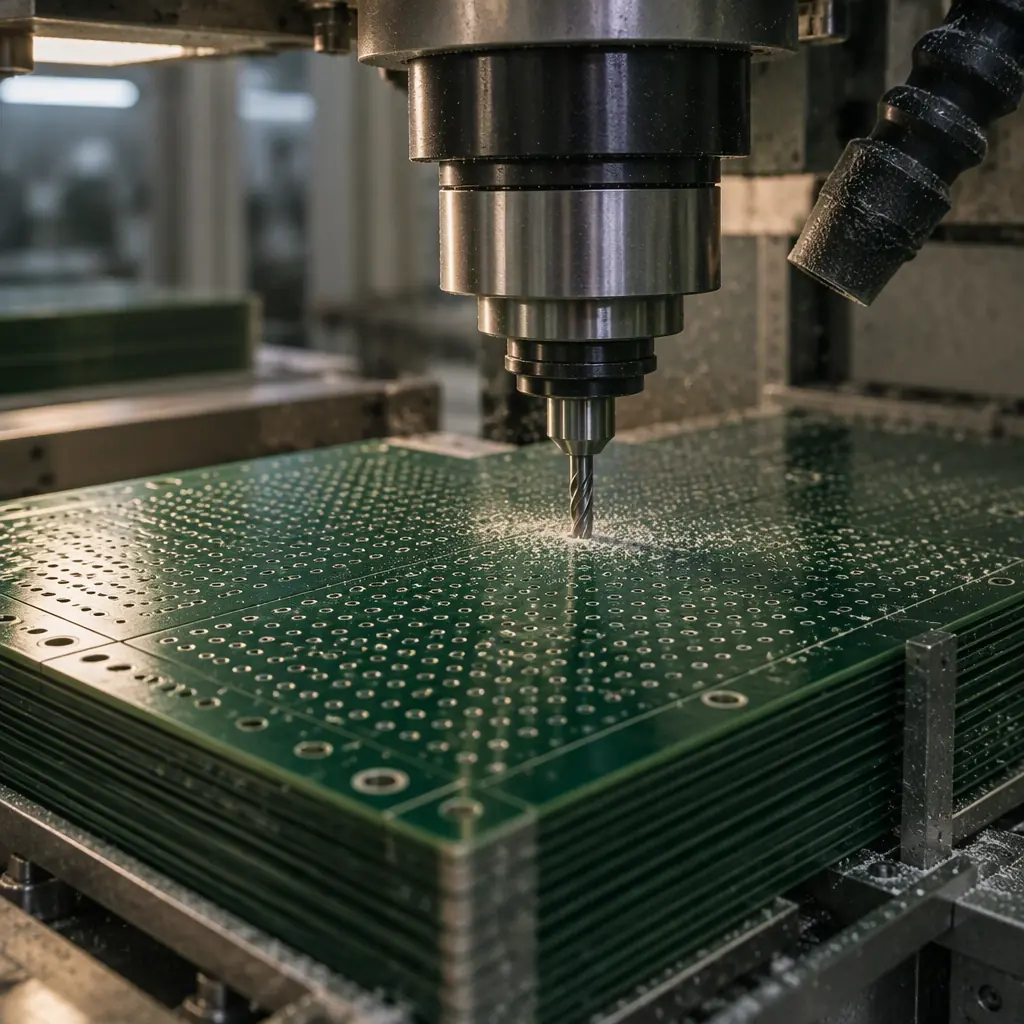 Close-up macro photograph of a CNC drilling spindle head over a stacked PCB panel, with an array of drilled holes visible in the panel surface and fine dust around the bit entry point