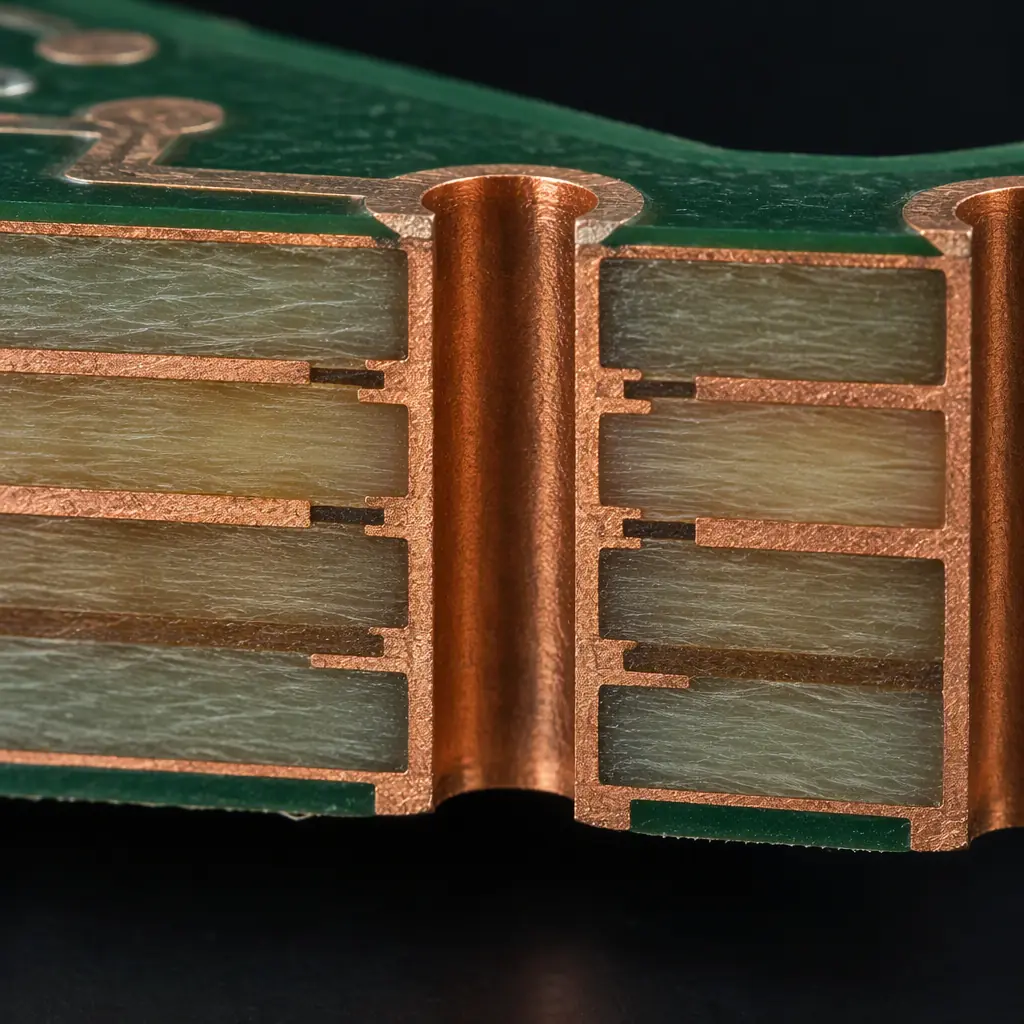 Photorealistic close-up of a cross-sectioned PCB showing cleanly plated copper barrels in drilled holes with the surrounding laminate and copper layers visible under magnification