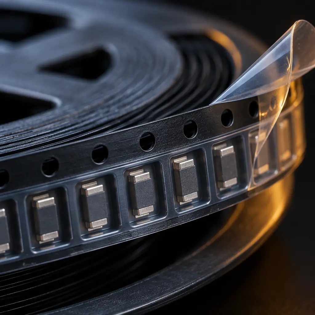 Macro photograph of a reel of surface-mount components in embossed carrier tape