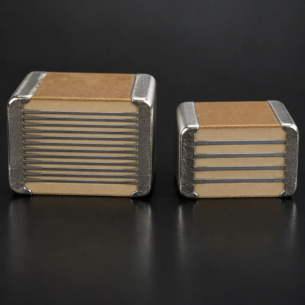 3D cross-section render of two surface-mount capacitors showing different internal electrode layer counts