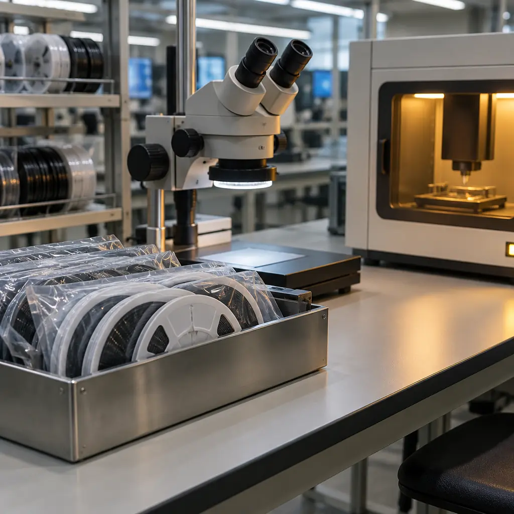 Goods-in inspection bench with sealed component reels on a steel tray, a stereo microscope, and an X-ray inspection cabinet