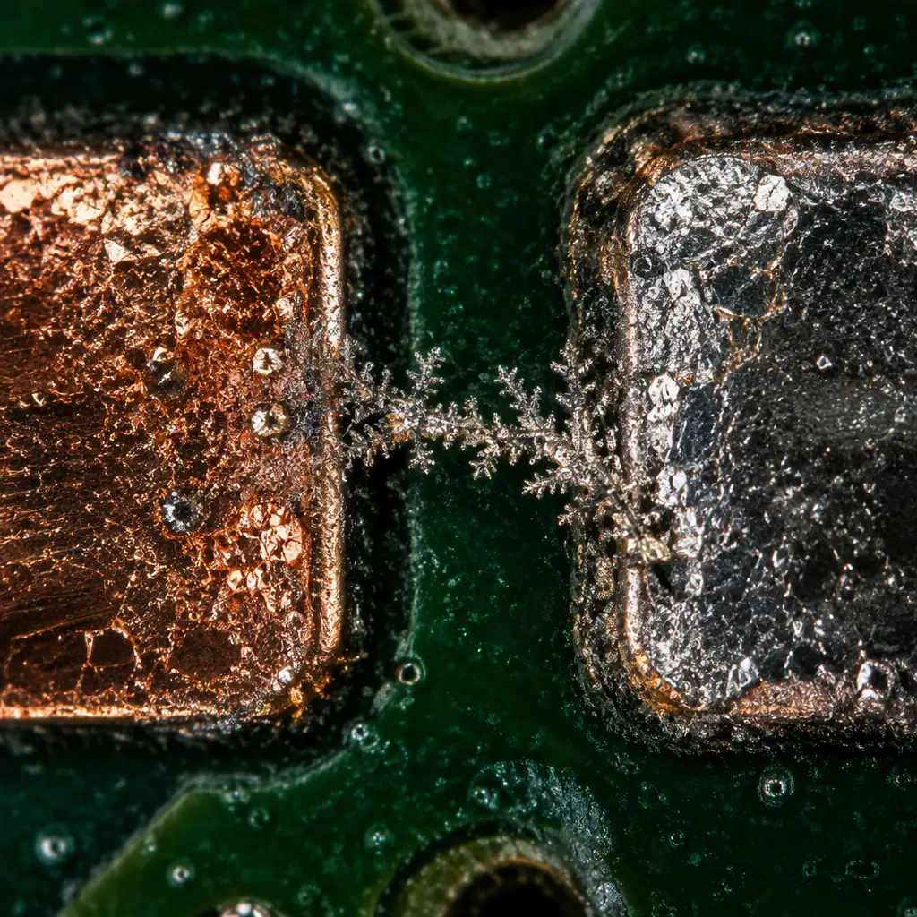 High magnification micrograph style view of dendritic metallic growth between two conductors on a circuit board surface